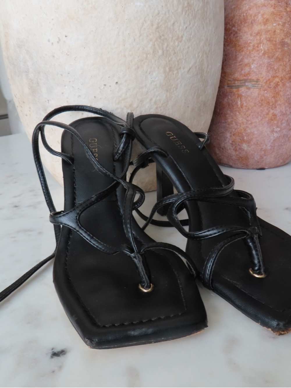 GUESS Black Lace-Up Square-Toe Heeled Sandals